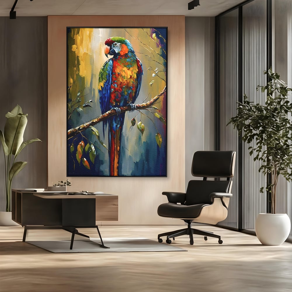 Tablou canvas cu tablou canvas cu papagal colorat, in rama de aluminiu negru, pe perete intr-un birou